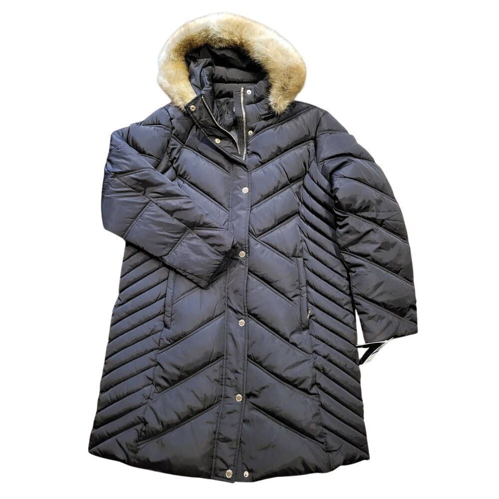 NWT Michael Kors Coat Women's XL Black Chevron Puffer Faux Fur Hooded